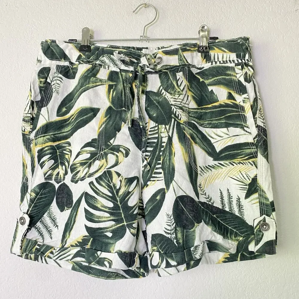 Per Se Green Tropical Linen Blend Shorts‎ Medium Resort Vacation Beach Hawaiian